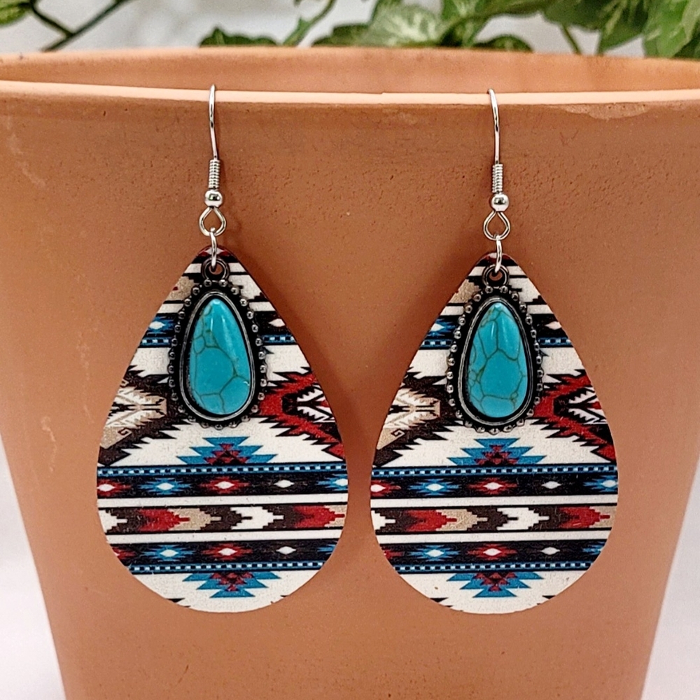 Bohemian Aztec Print Wood Teardrop Earrings With Turquoise New